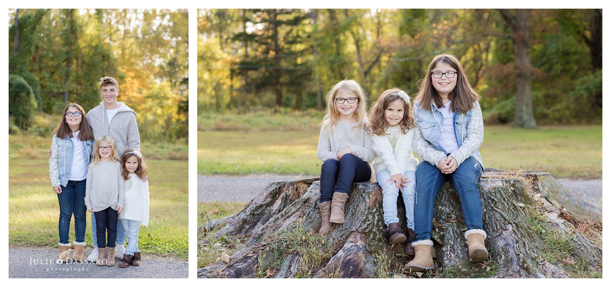 sisters portrait on tree stump